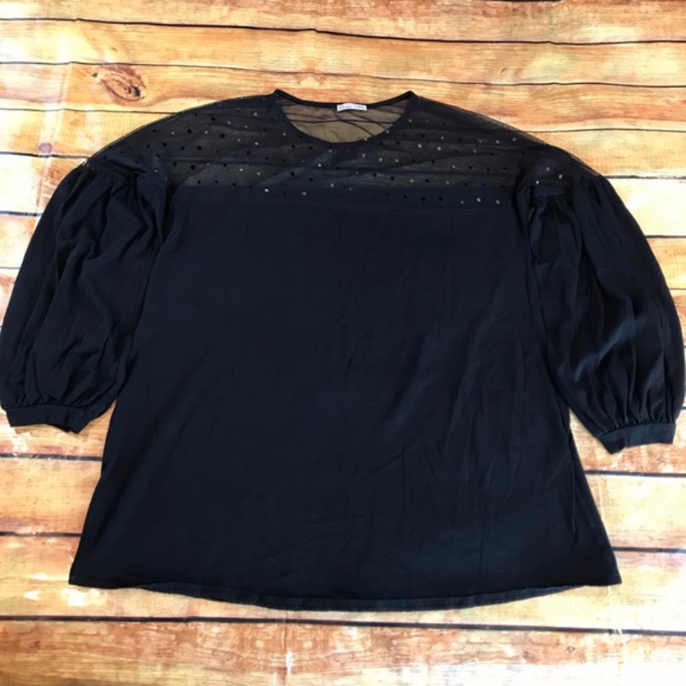 Zara Black Long Sleeve Blouse with Sheer Top Small
